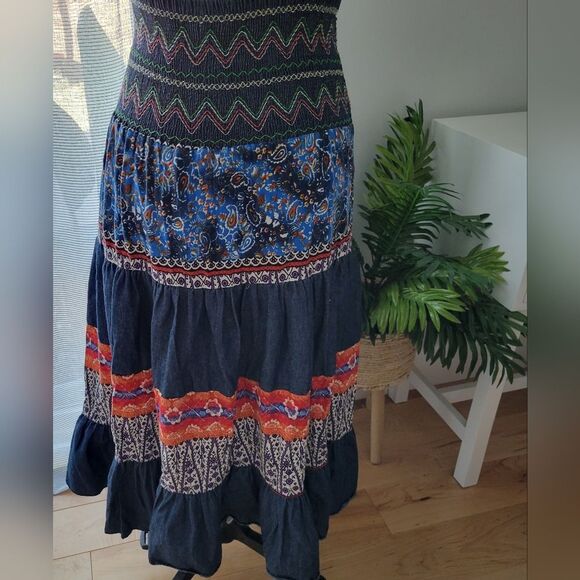 Coco Cabaña Boho Patchwork Skirt with demin dark blue Size M - Picture 2 of 6